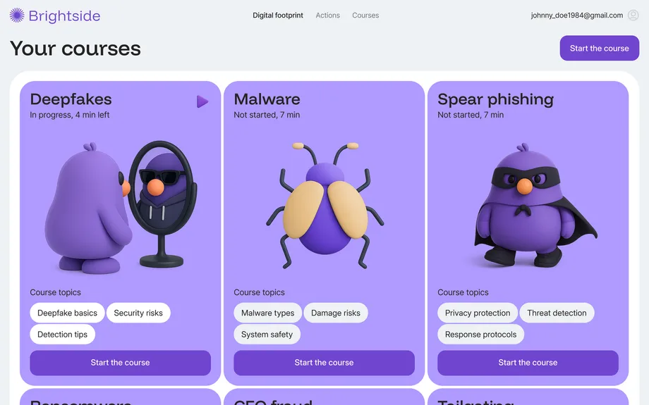 Employee course library with deepfake, malware, and spear phishing modules