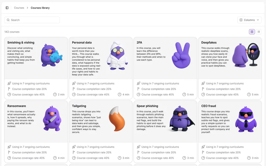 Employee course library with deepfake, malware, and spear phishing modules