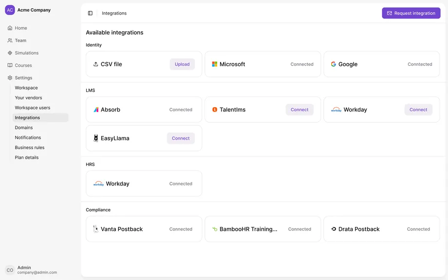 Integrationseinstellungen mit Konnektoren für Identität, LMS, HR und Compliance