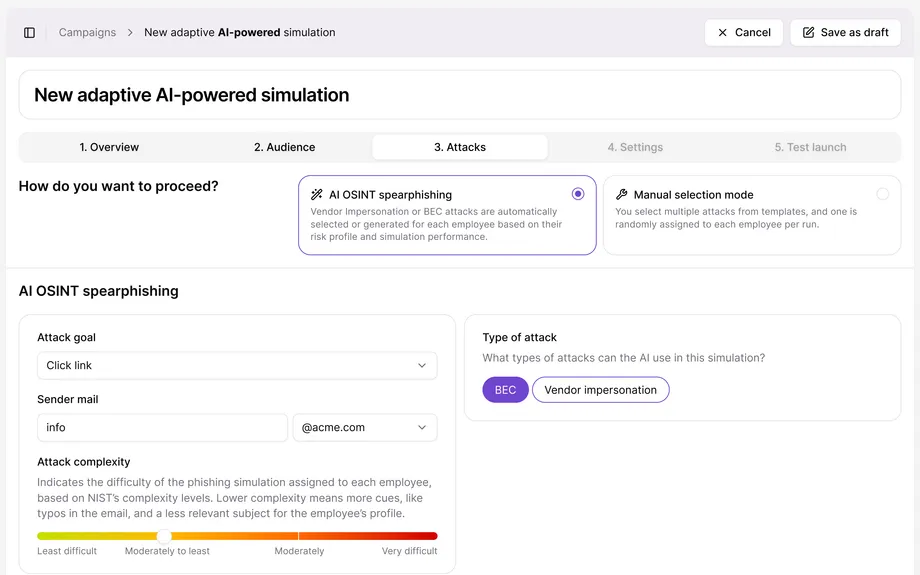 Adaptive simulation builder with AI OSINT spearphishing settings