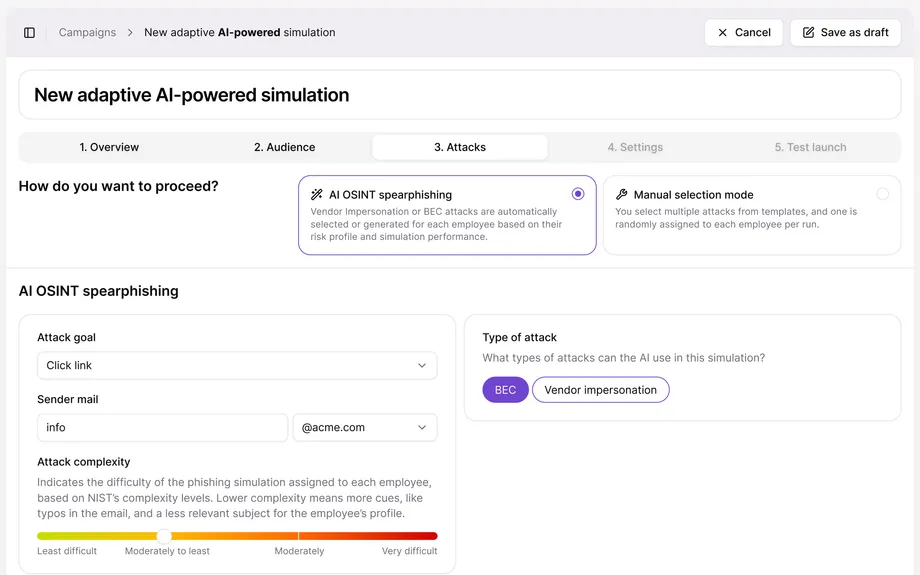 Adaptive simulation builder with AI OSINT spearphishing settings