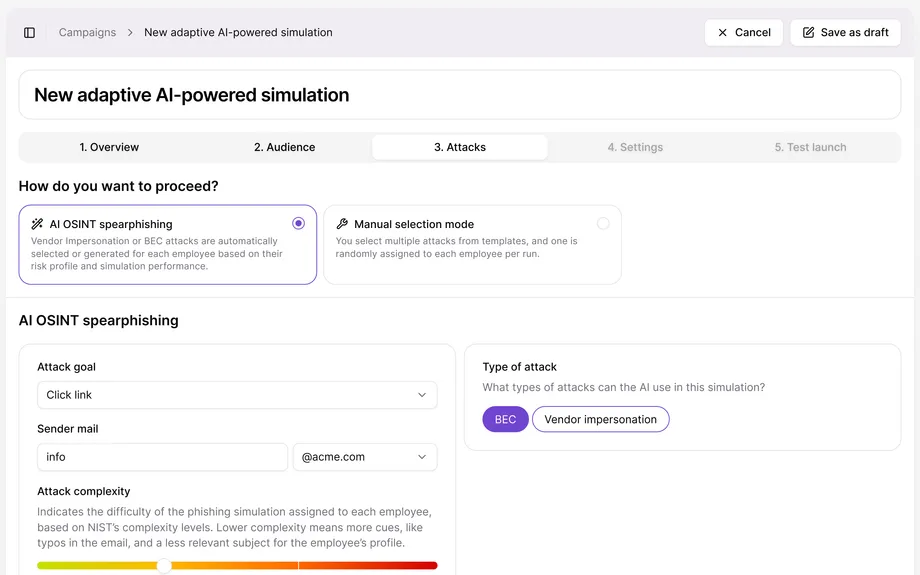 Adaptive simulation builder with AI OSINT spearphishing settings