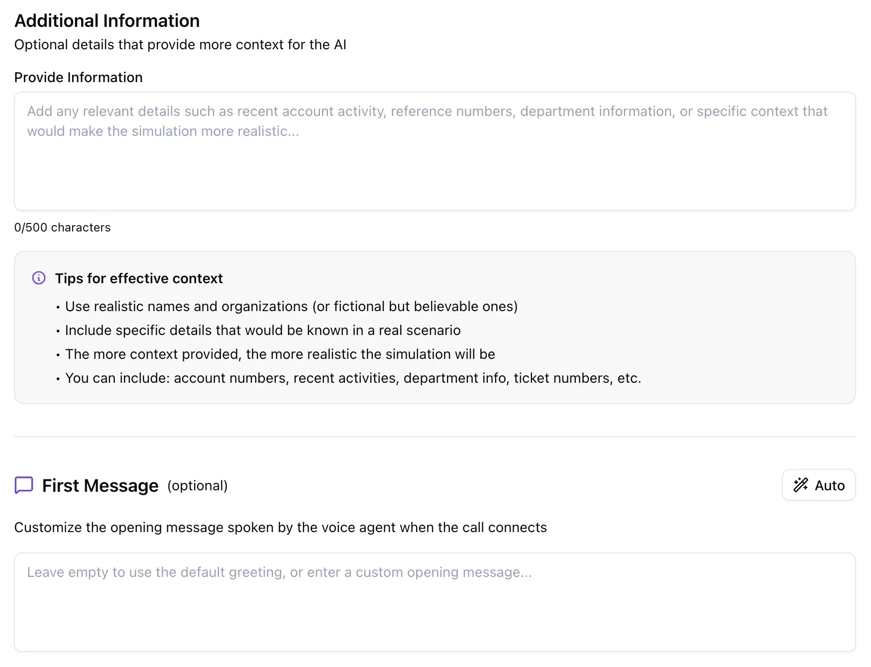 Brightside simulation builder: the optional Additional Information and First Message fields