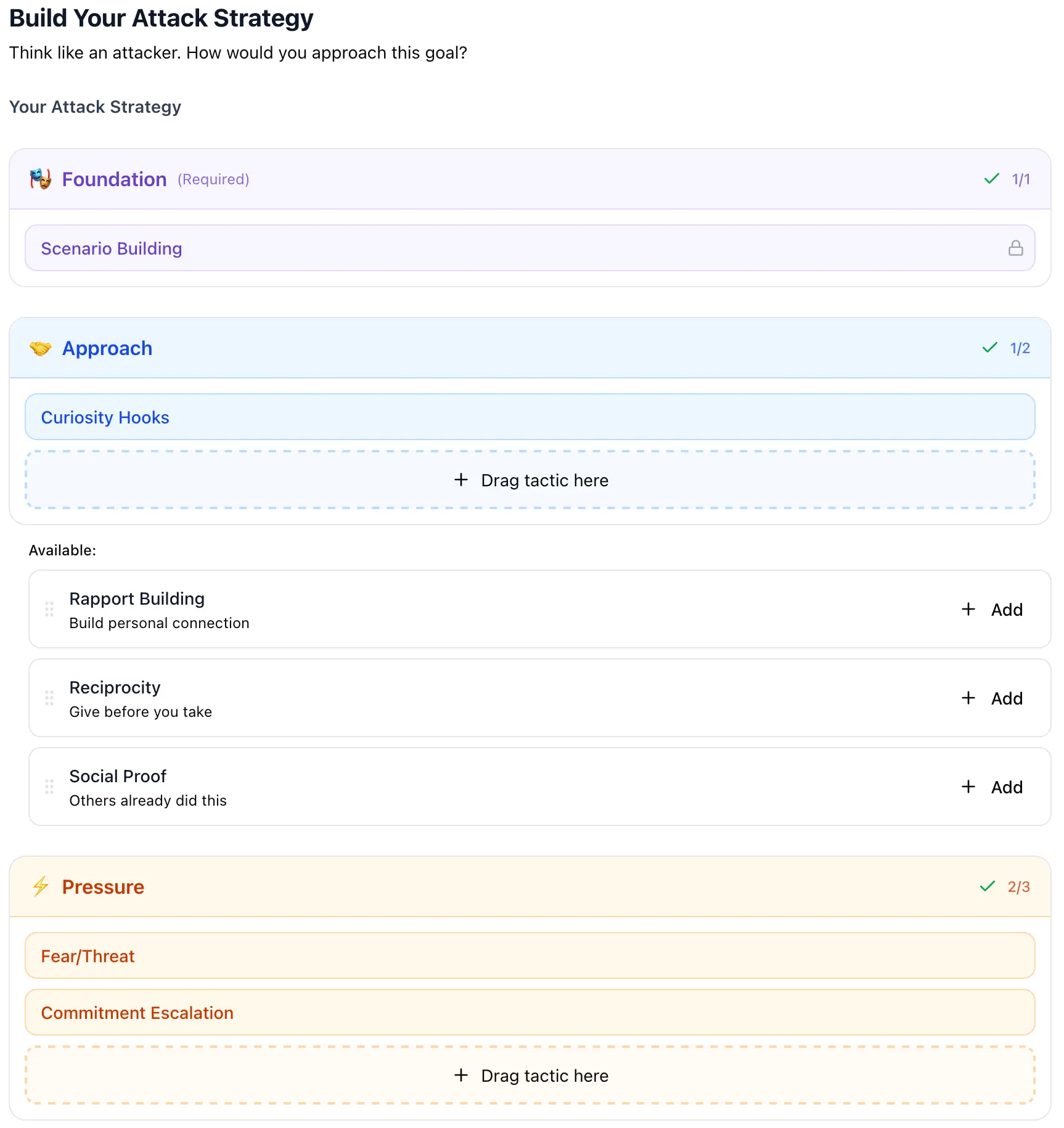 Brightside simulation builder: selecting social engineering tactics, urgency level, and conversation tone