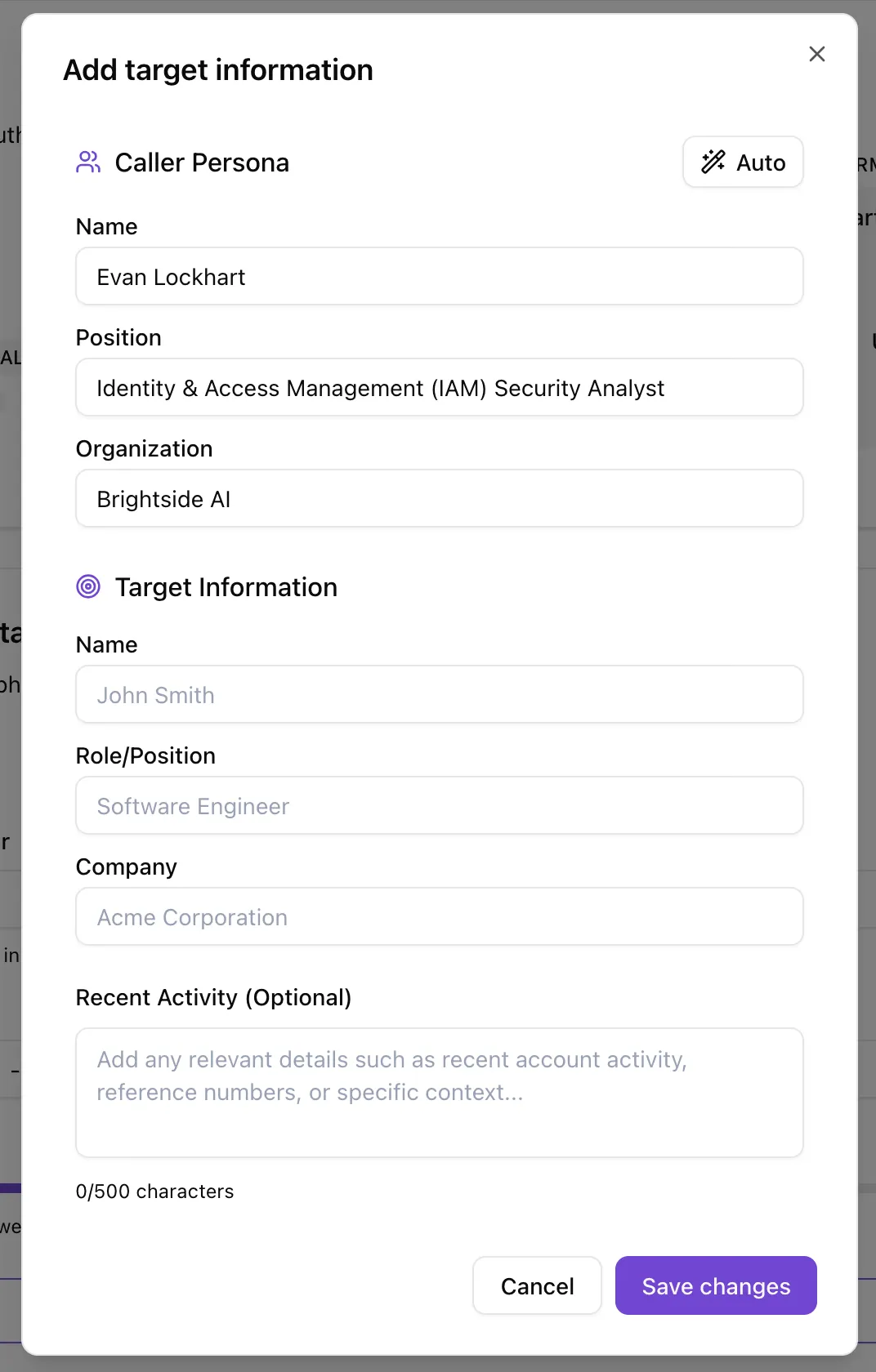 Brightside simulation builder: connecting the finished template to a target and a scheduled call time