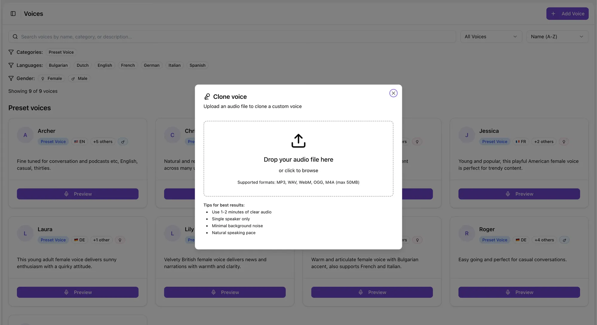 Uploading a short audio sample to clone a voice