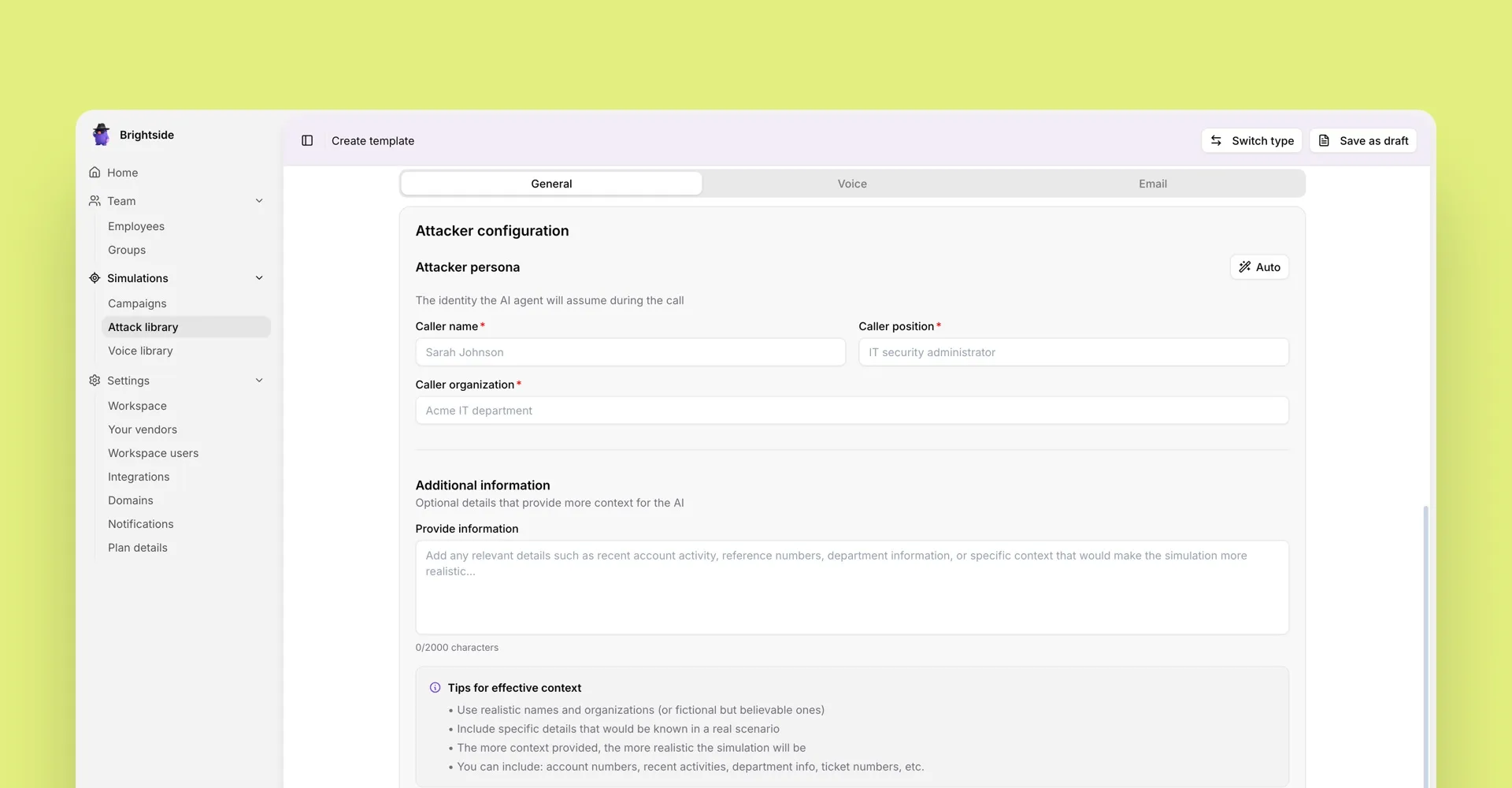 Configure the AI attacker persona