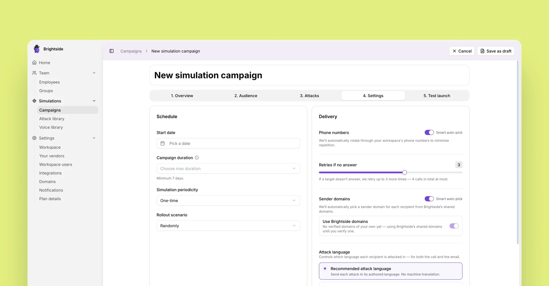 Campaign schedule and delivery settings