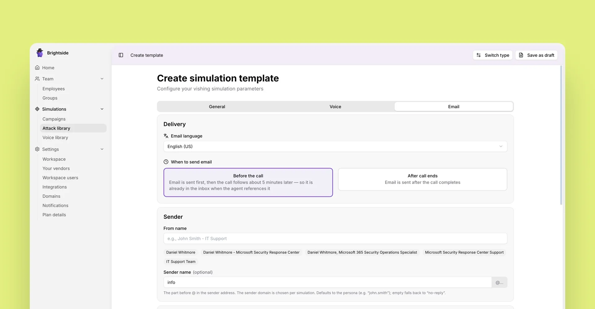 Set email delivery timing and sender details