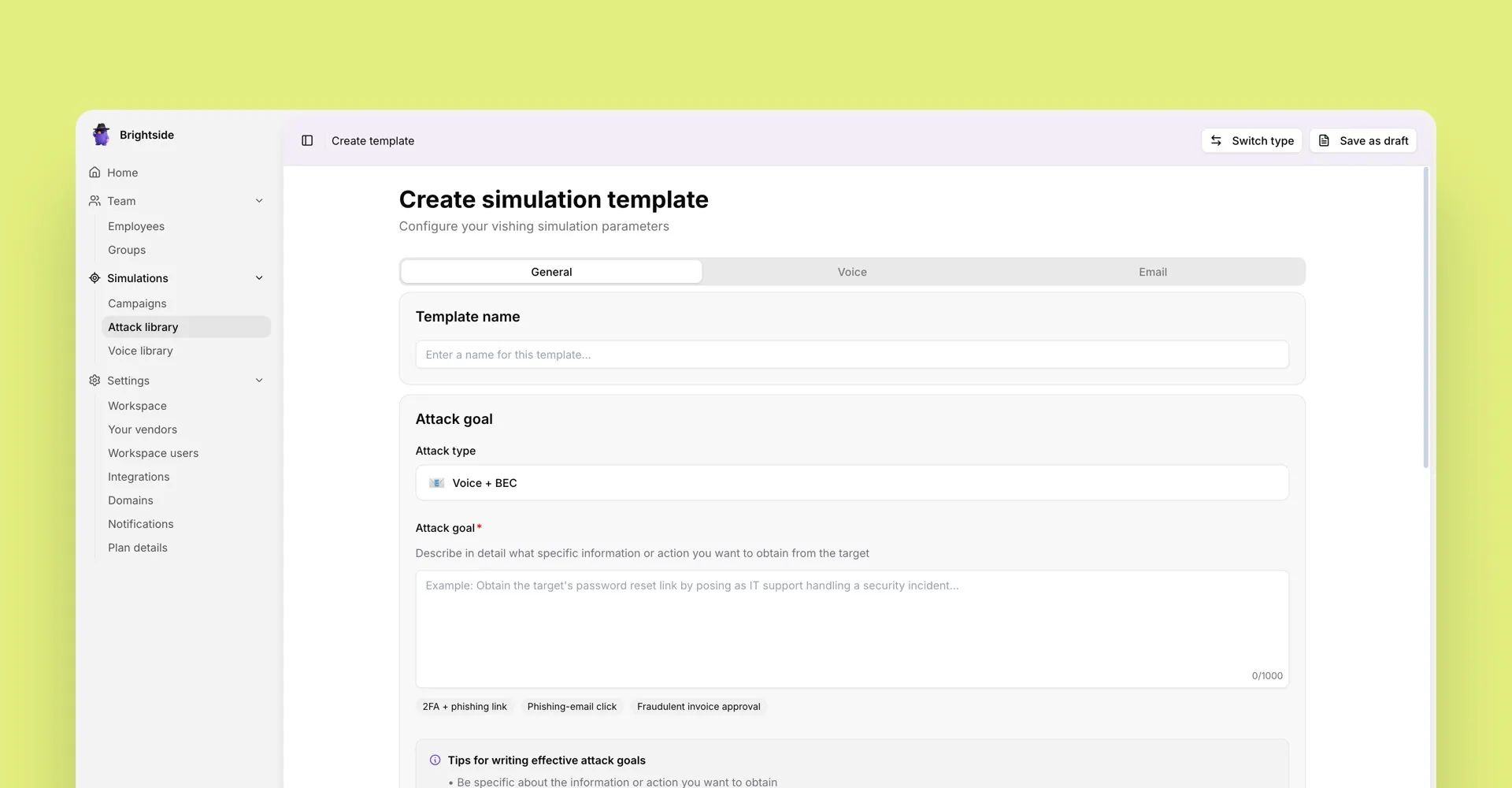 Set the attack goal for a Voice + BEC template